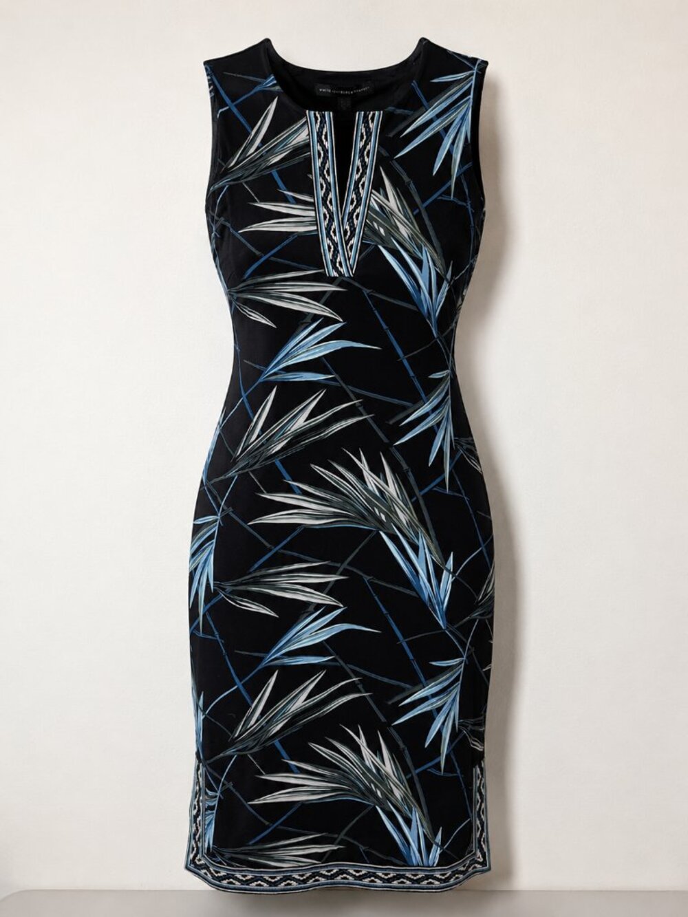 White House Black Market Palm Print Sheath Dress Medium Sleeveless Blue WHBM